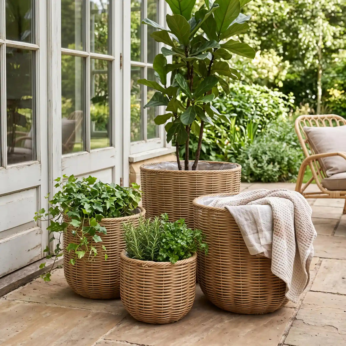 Woven Basket Set of 4 - Greywash on a covered patio by an orangery