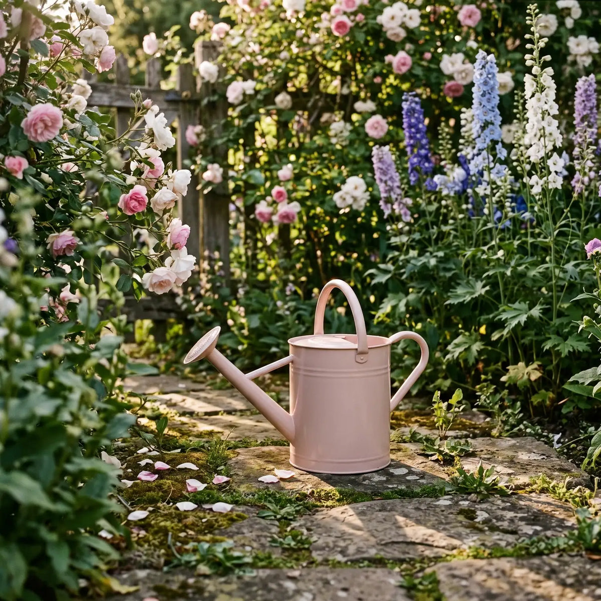 Rose Watering Can 8 Litres on a mossy path in a cottage rose garden