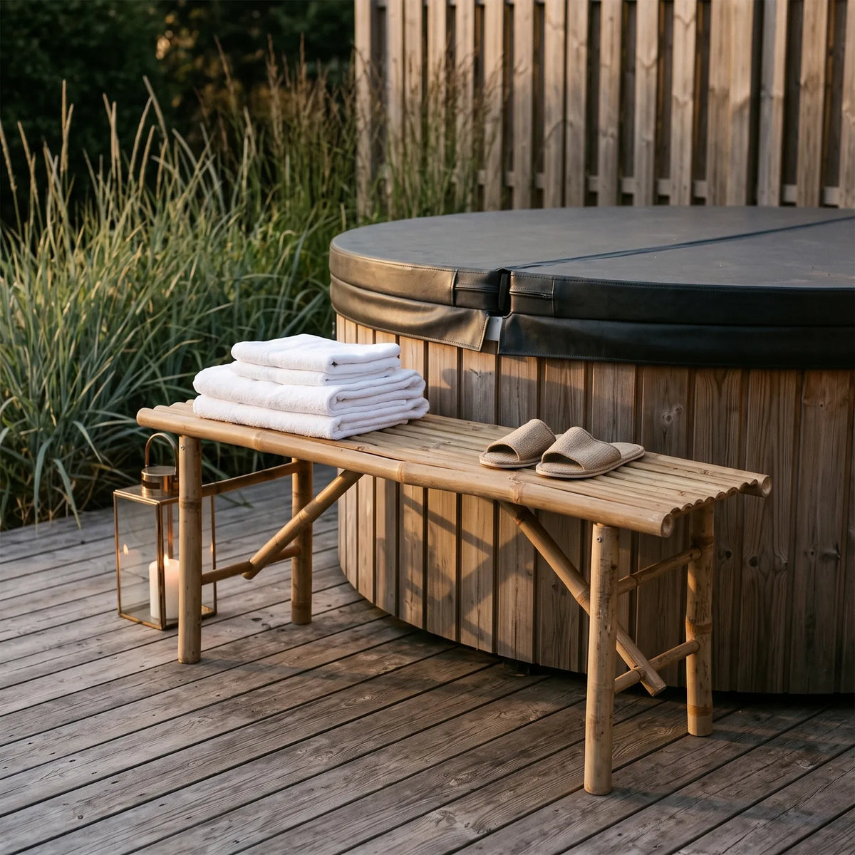 Bamboo Bench 120 cm beside an outdoor hot tub with folded towels