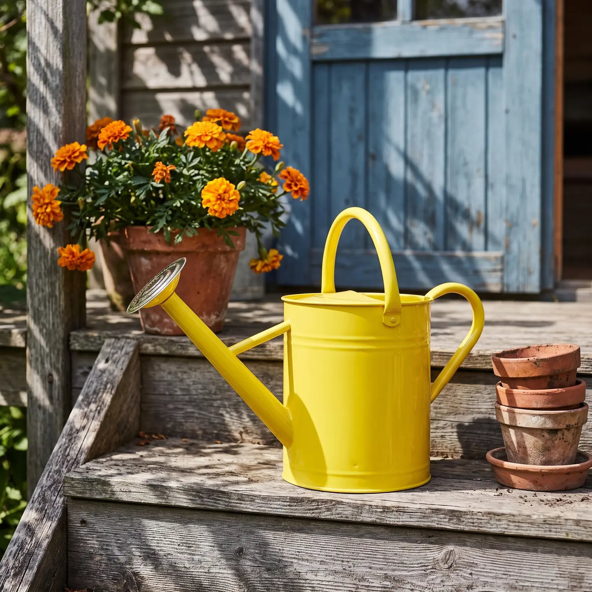 Lemon Yellow Watering Can 8 Litres on garden shed steps with marigolds