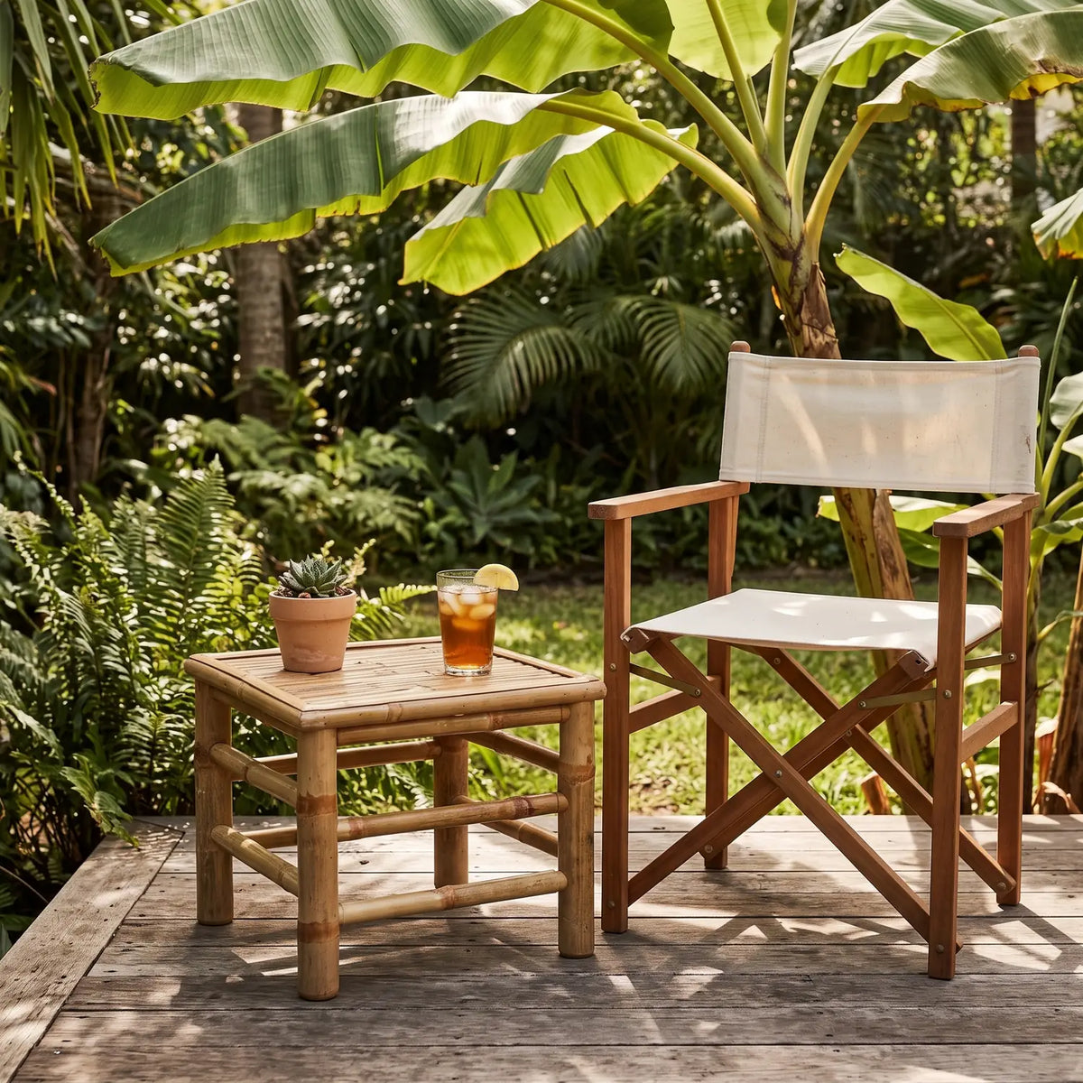 Bamboo Stool and Side Table on a wooden deck beside a director's chair