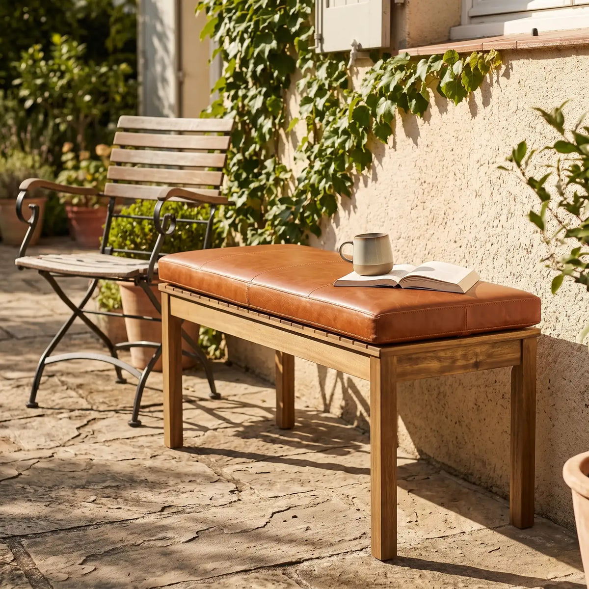 Buffalo Leather Bench Cushion 88 cm on a compact bench of the same size against a sunny house wall