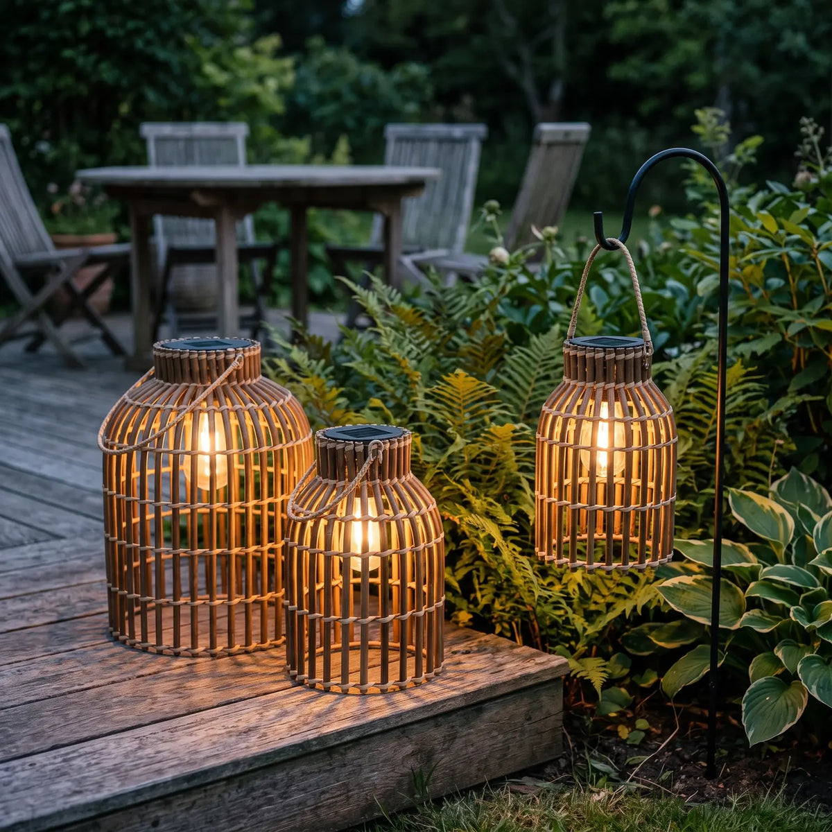 Rattan Lanterns with Handle, Set of 3 - Brown, with solar-powered LED bulbs glowing in a garden at dusk