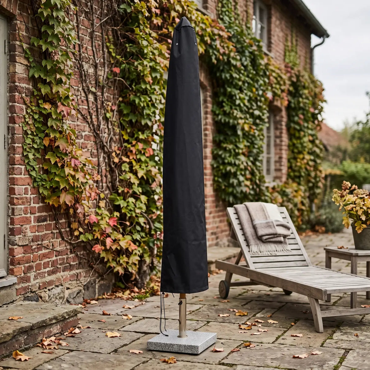 Parasol Cover 220 cm - Black on a folded parasol by an ivy-covered brick wall