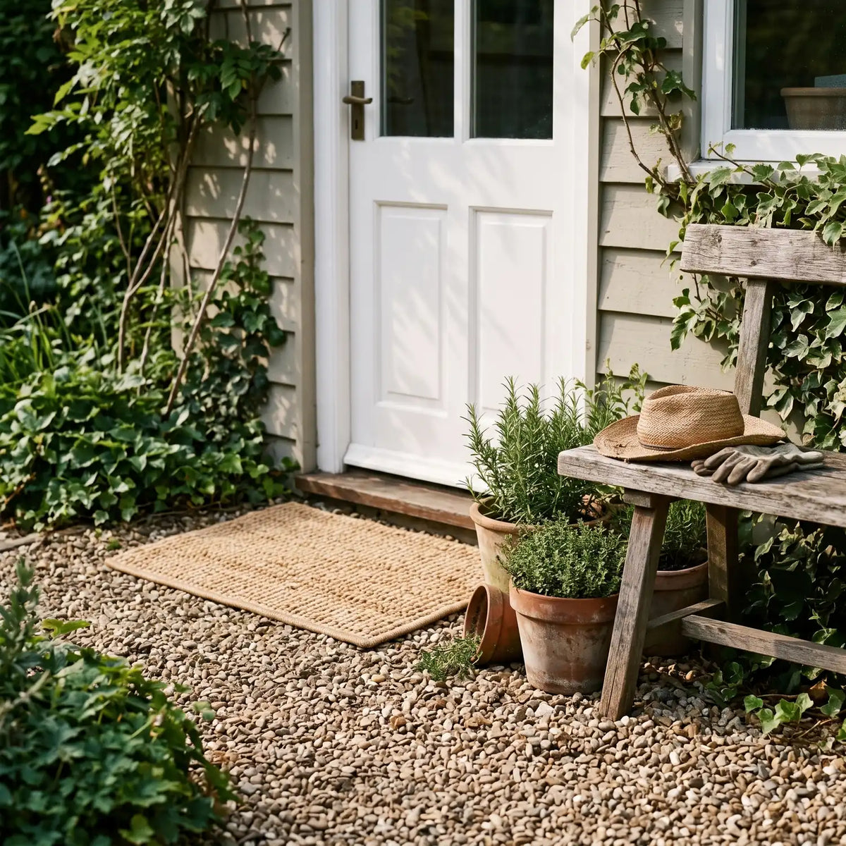 Bouclé Jute Doormat 50 x 70 cm - Natural on a gravel path in front of a garden room door